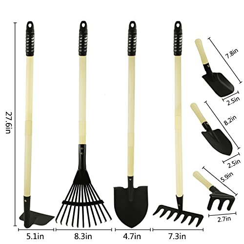 POMIKU Kids Garden Tools Set, Shovel, Rake for Leaves, Spade, Hoe, 7 Pieces Yard Tools for Toddlers Gifts, Steel Heads & Real Wood Handle