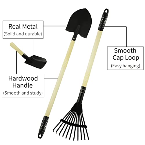 POMIKU Kids Garden Tools Set, Shovel, Rake for Leaves, Spade, Hoe, 7 Pieces Yard Tools for Toddlers Gifts, Steel Heads & Real Wood Handle