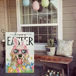 CROWNED BEAUTY Happy Easter Dog Garden Flag Golden Retriever 12x18 Inch Double Sided for Outside Burlap Small Yard Eggs Holiday Decoration CF706-12