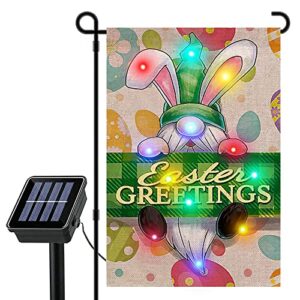 happy easter light up garden flag, gnomes solar easter greetings ligthed flag with flagpole spring outside yard outdoor home decoration 12×18 inch
