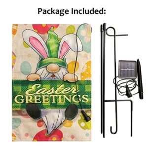 Happy Easter Light Up Garden Flag, Gnomes Solar Easter Greetings Ligthed Flag with Flagpole Spring Outside Yard Outdoor Home Decoration 12×18 Inch