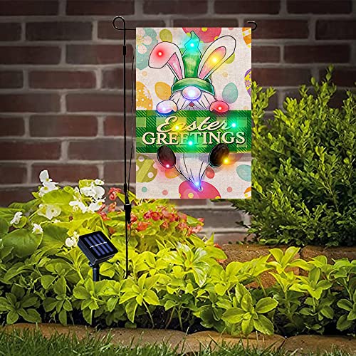 Happy Easter Light Up Garden Flag, Gnomes Solar Easter Greetings Ligthed Flag with Flagpole Spring Outside Yard Outdoor Home Decoration 12×18 Inch