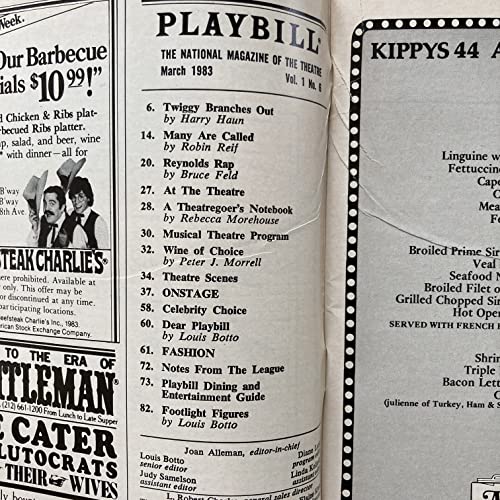 Playbill from 42nd Street at the Majestic Theatre starring, Millicent Martin Jerry Orbach Lisa Brown Joseph Bova Lee Roy Reams Joel Blum Music by Harry Warren; Lyrics by Al Dubin 1983