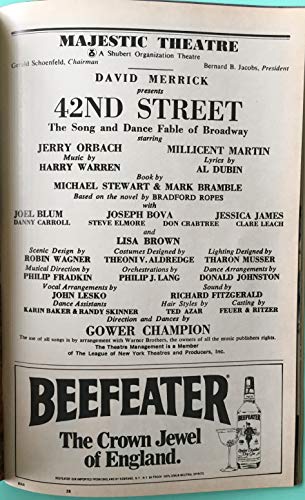 Playbill from 42nd Street at the Majestic Theatre starring, Millicent Martin Jerry Orbach Lisa Brown Joseph Bova Lee Roy Reams Joel Blum Music by Harry Warren; Lyrics by Al Dubin 1983