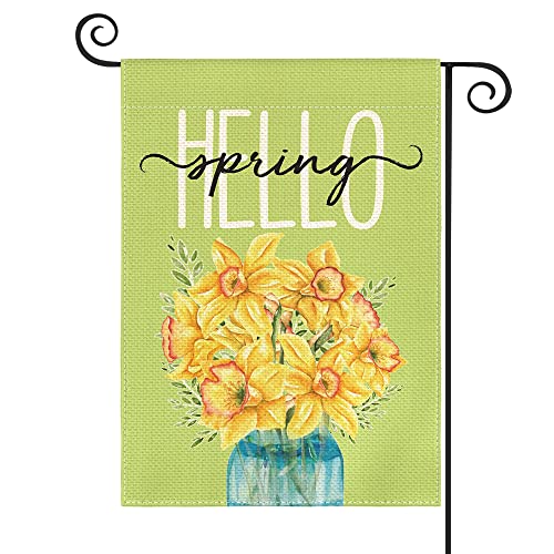 AVOIN colorlife Hello Spring Daffodil Garden Flag 12x18 Inch Double Sided Outside, Floral Mason Jar Seasonal Yard Outdoor Flag