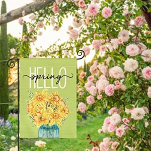 AVOIN colorlife Hello Spring Daffodil Garden Flag 12x18 Inch Double Sided Outside, Floral Mason Jar Seasonal Yard Outdoor Flag