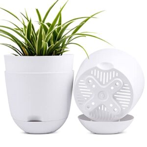 qcqhdu plant pots,3 pack 8 inch self watering planters high drainage with deep saucer reservoir,for indoor & outdoor garden flowers plant pot-white…