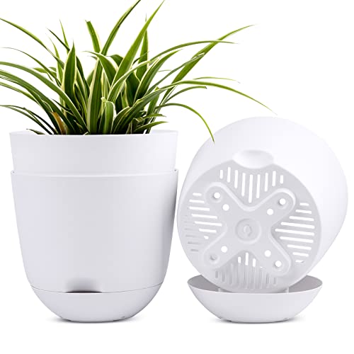 QCQHDU Plant Pots,3 Pack 8 inch Self Watering Planters High Drainage with Deep Saucer Reservoir,for Indoor & Outdoor Garden Flowers Plant Pot-White…