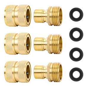 styddi brass full flow garden hose quick release connect adaptor fitting, full port solid brass outdoor water hose quick disconnect connector coupler with male and female, with 4 hose washers – 3 sets