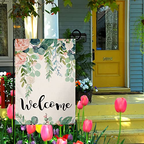 Spring Floral Welcome Garden Flag 12×18 Inch Small Vertical Double Sided Farmhouse Greenery Eucalyptus Leaves Burlap Yard Outdoor Decor