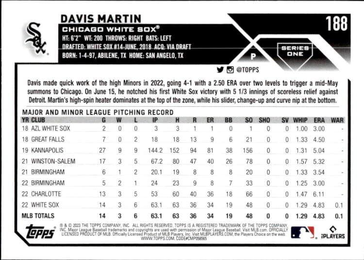 2023 TOPPS #188 DAVIS MARTIN RC CHICAGO WHITE SOX BASEBALL OFFICIAL TRADING CARD OF THE MLB