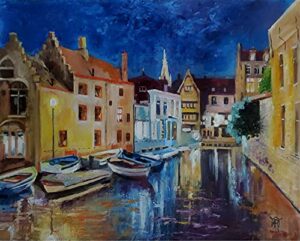 sold – nighttime in brugge, belgium city by internationally renowned painter yary dluhos