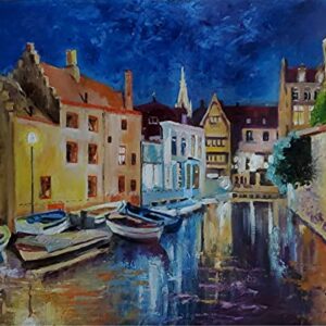 SOLD - Nighttime in Brugge, Belgium City by Internationally Renowned Painter Yary Dluhos