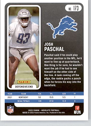 2022 Panini Absolute #173 Josh Paschal RC Rookie Detroit Lions Football Trading Card