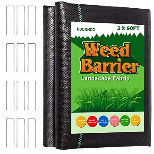 USONHOO Weed Barrier Landscape Fabric,3x50Feet Weed Barrier Landscape Fabric Heavy Duty, Weed Barrier Fabric Landscaping Fabric for Gardens, Agriculture, Outdoor, with 12 U-Shaped Securing Pegs