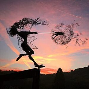 AACXRCR Garden Decoration, Wind Spinners for Yard and Garden, an Artistic Sculpture of A Fairy Dancing with A Dandelion, Art Decorations for Garden Outdoor Yard Lawn Patio(Size:A,Color:Black)