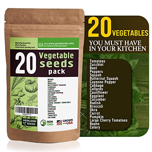 20 Vegetable Seeds Variety - USA Grown for Indoor or Outdoor Garden - Heirloom and Non GMO - Tomatoes, Zucchini, Peppers, Eggplant, Carrot, Cauliflower, Pumpkin, Celery, Radish and More