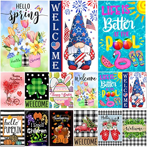 Yileqi Seasonal Garden Flags Set of 12 Double Sided 12x18 Inch Welcome Holiday Yard Flag, Small Garden Flags for Outside Decoration, Garden Flags for All Seasons