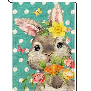 ORTIGIA Easter Bunny Garden Flag 12x18Inch Burlap Double Sided Polka Dot Spring Easter Rabbit with Tulips Flowers and Carrots Flags Spring Summer Farmhouse Seasonal Outdoor Flag