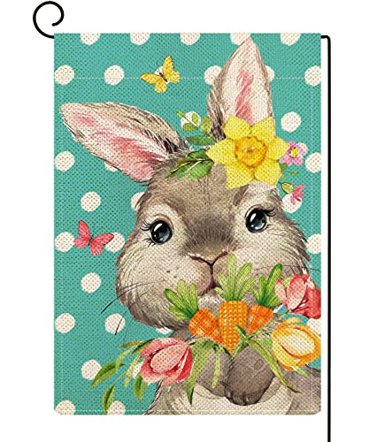 ORTIGIA Easter Bunny Garden Flag 12x18Inch Burlap Double Sided Polka Dot Spring Easter Rabbit with Tulips Flowers and Carrots Flags Spring Summer Farmhouse Seasonal Outdoor Flag