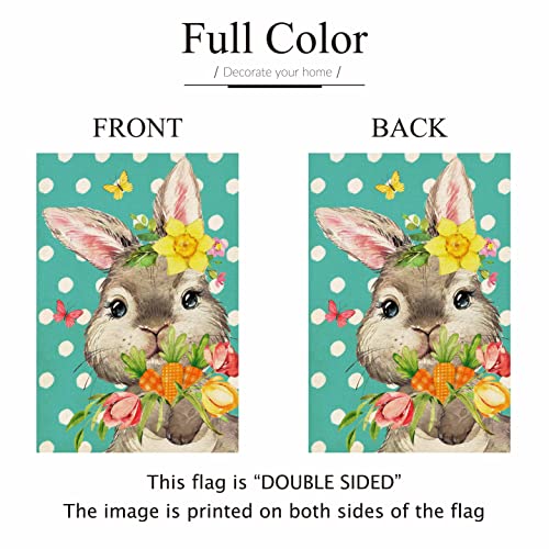 ORTIGIA Easter Bunny Garden Flag 12x18Inch Burlap Double Sided Polka Dot Spring Easter Rabbit with Tulips Flowers and Carrots Flags Spring Summer Farmhouse Seasonal Outdoor Flag