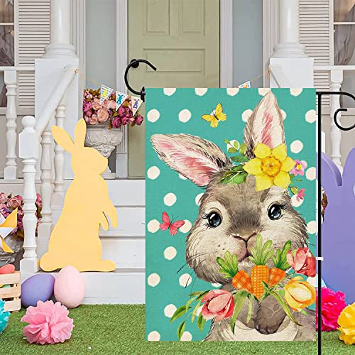 ORTIGIA Easter Bunny Garden Flag 12x18Inch Burlap Double Sided Polka Dot Spring Easter Rabbit with Tulips Flowers and Carrots Flags Spring Summer Farmhouse Seasonal Outdoor Flag