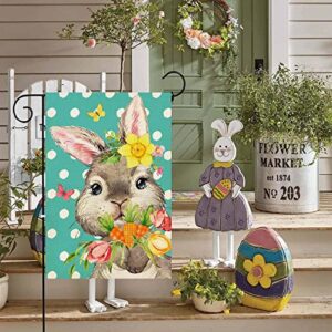 ORTIGIA Easter Bunny Garden Flag 12x18Inch Burlap Double Sided Polka Dot Spring Easter Rabbit with Tulips Flowers and Carrots Flags Spring Summer Farmhouse Seasonal Outdoor Flag