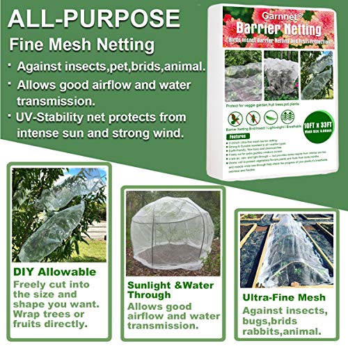 Garden Barrier Netting, 10ftx33ft Ultra Fine Mesh Netting Protection Screen Bird Net Plant Covers Row Cover Protect Plants Fruits Flowers Against Birds & Squirrels for Greenhouse Patio