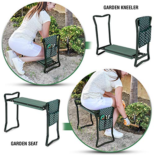 Garden Kneeler And Stool - Foldable Garden Seat For Storage - EVA Foam - Heavy Duty and Lightweight Gardening Yard Tools - Great for Gardening Gifts for Women - Bench Comes With Tool Pouch and Gloves