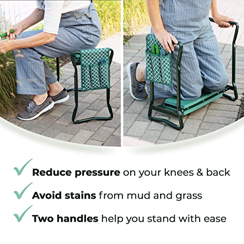 Garden Kneeler And Stool - Foldable Garden Seat For Storage - EVA Foam - Heavy Duty and Lightweight Gardening Yard Tools - Great for Gardening Gifts for Women - Bench Comes With Tool Pouch and Gloves