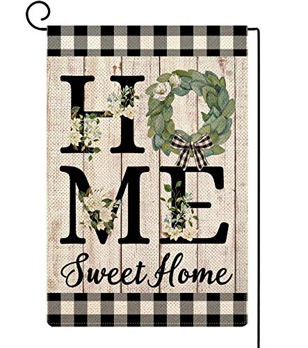 ORTIGIA Home Sweet Home Magnolia Small Garden Flag Burlap Vertical Double Sided Spring Farmhouse Rustic Buffalo Check Plaid Flower Home Decor for Yard Lawn Patio Outdoor