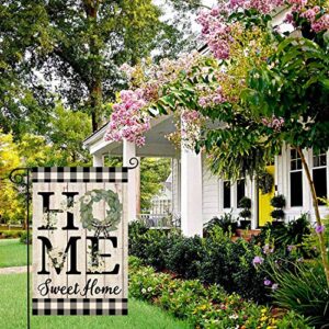 ORTIGIA Home Sweet Home Magnolia Small Garden Flag Burlap Vertical Double Sided Spring Farmhouse Rustic Buffalo Check Plaid Flower Home Decor for Yard Lawn Patio Outdoor