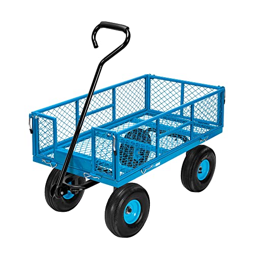 VIVOHOME Heavy Duty 880 Lbs Capacity Mesh Steel Garden Cart Folding Utility Wagon with Removable Sides and 4.10/3.50-4 inch Wheels (Blue)