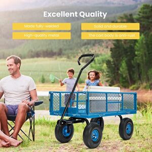 VIVOHOME Heavy Duty 880 Lbs Capacity Mesh Steel Garden Cart Folding Utility Wagon with Removable Sides and 4.10/3.50-4 inch Wheels (Blue)