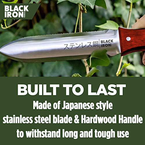 Black Iron Hori Hori Garden Knife [7 Inches, Japanese Stainless Steel] Durable Gardening Tool for Weeding, Digging, Cutting & Planting with Leather Sheath and Sharpening Stone