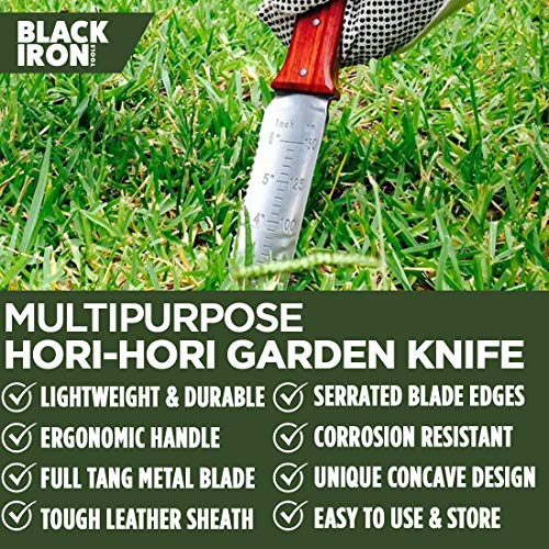 Black Iron Hori Hori Garden Knife [7 Inches, Japanese Stainless Steel] Durable Gardening Tool for Weeding, Digging, Cutting & Planting with Leather Sheath and Sharpening Stone