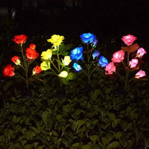 [Upgraded 6 Flowers] Solar Powered Decorative Rose Garden Stake Lights, Waterproof Realistic Artificial Flowers for Outdoor Flower Bed Patio Yard Pathway Memorial Cemetery Grave Decorations, Blue