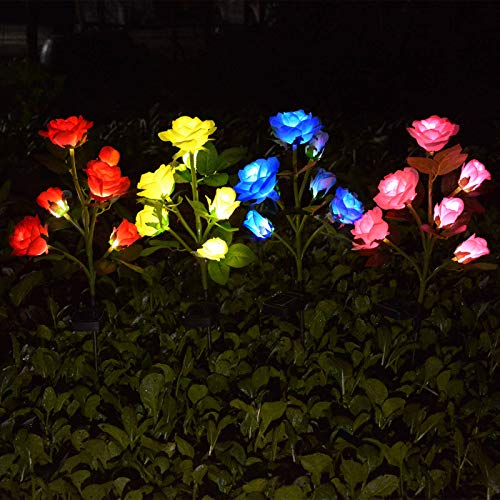 [Upgraded 6 Flowers] Solar Powered Decorative Rose Garden Stake Lights, Waterproof Realistic Artificial Flowers for Outdoor Flower Bed Patio Yard Pathway Memorial Cemetery Grave Decorations, Blue