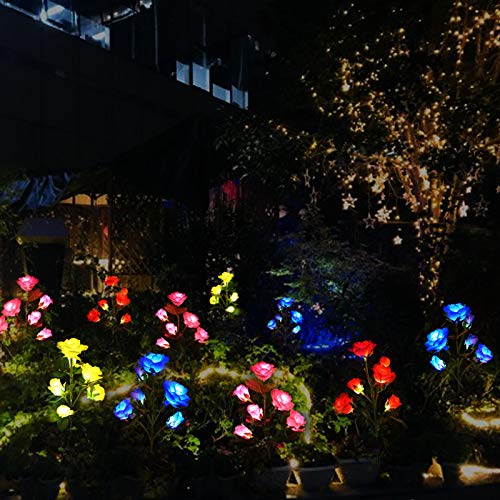 [Upgraded 6 Flowers] Solar Powered Decorative Rose Garden Stake Lights, Waterproof Realistic Artificial Flowers for Outdoor Flower Bed Patio Yard Pathway Memorial Cemetery Grave Decorations, Blue