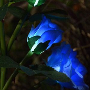 [Upgraded 6 Flowers] Solar Powered Decorative Rose Garden Stake Lights, Waterproof Realistic Artificial Flowers for Outdoor Flower Bed Patio Yard Pathway Memorial Cemetery Grave Decorations, Blue