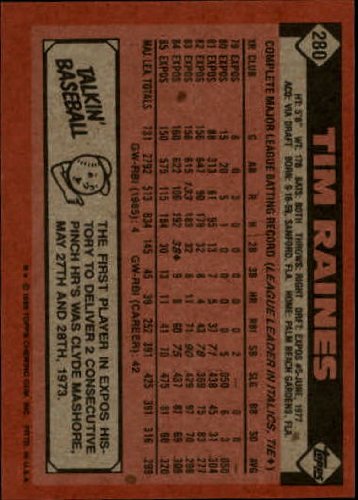 1986 Topps Baseball Card #280 Tim Raines