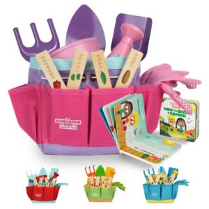 kids gardening tools – includes sturdy tote bag, watering can, gloves, shovels, garden stakes, and a delightful children’s book how to garden tale – kids garden tool set for toddler age on up.
