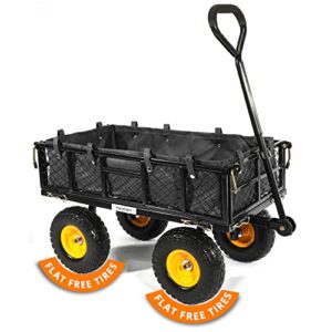 yardsam heavy duty steel garden cart with no-flat tires and liner, 400lb capacity lawn yard wagon with flat-free tire solid wheels and removable sides for outdoor, gardening, farm, ranch – black
