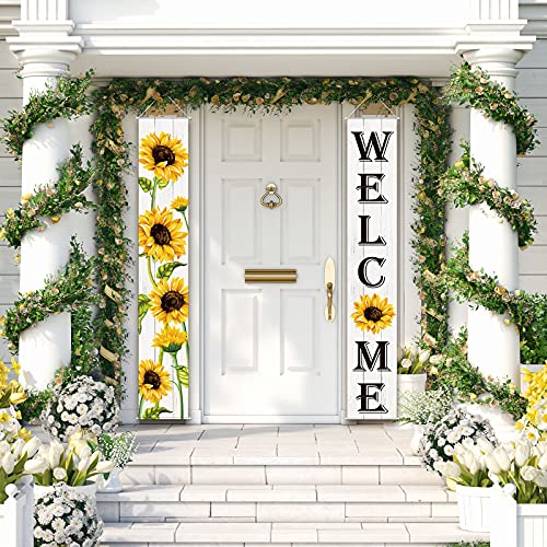 Sunflower Hanging Banners Spring Welcome Porch Banners Flags Fall Door Banners Flag Summer Hanging Banner for Front Door Garden Home Yard Sunflower Party Decorations(White Background)