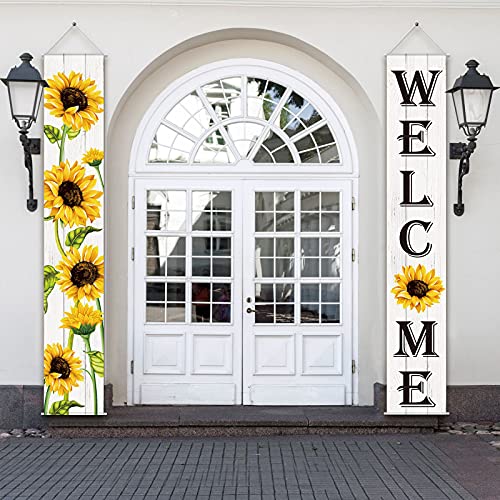 Sunflower Hanging Banners Spring Welcome Porch Banners Flags Fall Door Banners Flag Summer Hanging Banner for Front Door Garden Home Yard Sunflower Party Decorations(White Background)