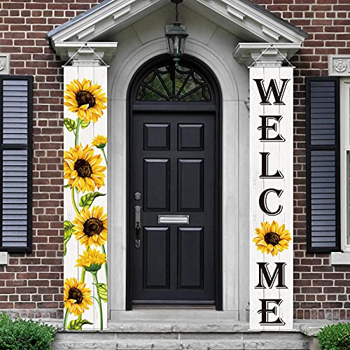 Sunflower Hanging Banners Spring Welcome Porch Banners Flags Fall Door Banners Flag Summer Hanging Banner for Front Door Garden Home Yard Sunflower Party Decorations(White Background)