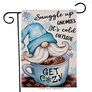 artofy snuggle up gnomies it’s cold outside home decorative garden flag winter gnome plaid house yard coffee bean cup snowflake outside decor, christmas farmhouse outdoor small burlap decoration 12×18