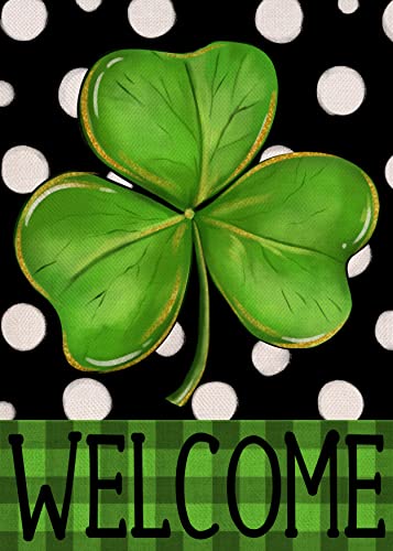 Covido Home Decorative Welcome St. Patricks Day Garden Flag, Lucky Shamrock Clover Yard Polka Dots Outside Decoration, Luck Irish Outdoor Small Decor Double Sided 12x18