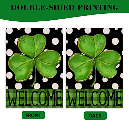 Covido Home Decorative Welcome St. Patricks Day Garden Flag, Lucky Shamrock Clover Yard Polka Dots Outside Decoration, Luck Irish Outdoor Small Decor Double Sided 12x18