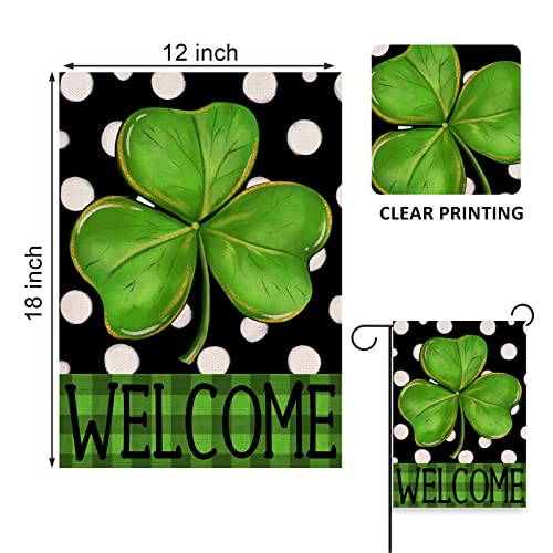 Covido Home Decorative Welcome St. Patricks Day Garden Flag, Lucky Shamrock Clover Yard Polka Dots Outside Decoration, Luck Irish Outdoor Small Decor Double Sided 12x18
